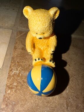 Vintage Circus Bear Ceramic Figurine with Blue & Yellow Ball